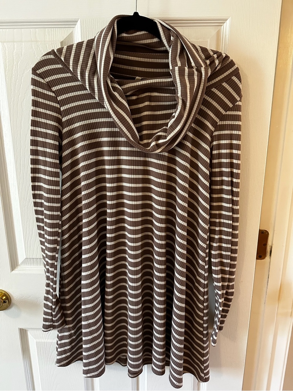 Sage Ribbed Brown & Cream Striped Cowl Tunic